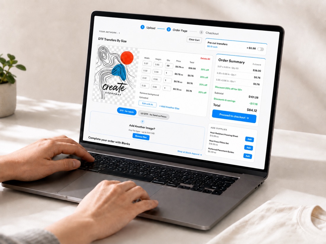 Uploading a design and ordering DTF transfers online